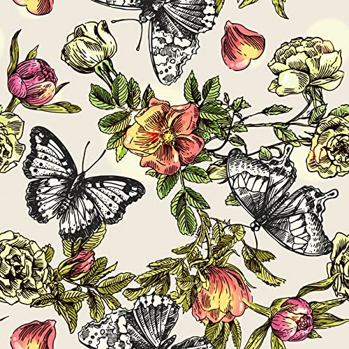 Papel Tapiz Floral De Mariposas De 17.7''x118'' Pelar Y...