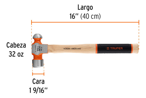 Martillo Pulido De Bola 32 Oz Mango Hickory, Truper Grip