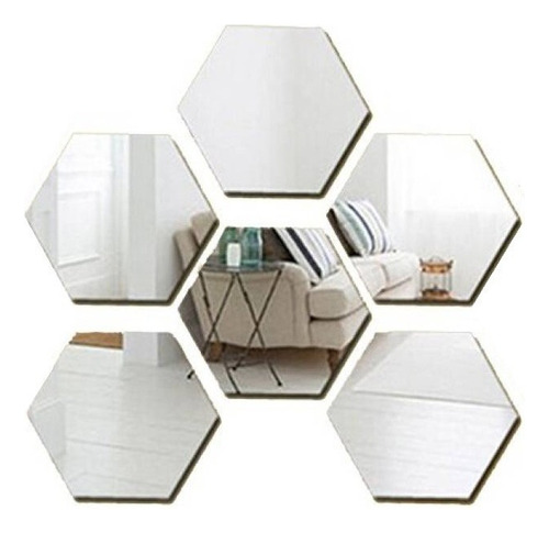 Pack X6 Vinilo Espejo Pared Adhesivo Hexagonal Decorativo