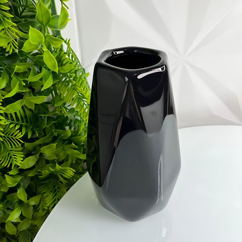 Vaso Geométrico Com Pintura Alto Brilho De Cerâmica Moderno Cor Preto Liso
