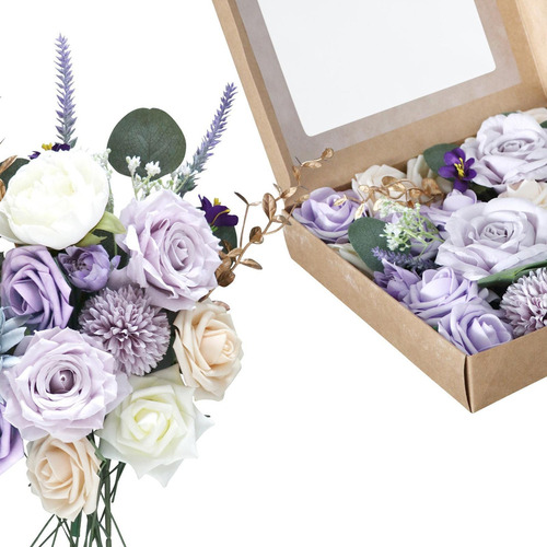 Caja De Flores Artificiales Diy Realista Con Tallos Morados