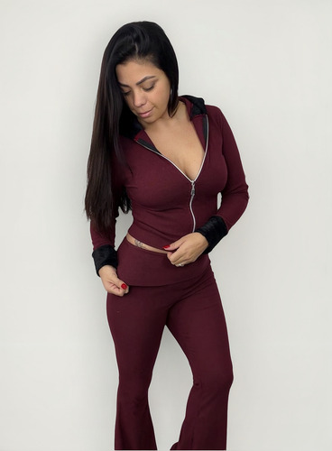 Conjunto Morley Frizado Campera + Pantalón Palazzo Peluche Bordó M