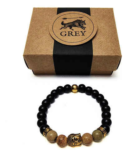 Pulsera De Hombre Jaspe Madera + Dije Buda Oro Antiguo