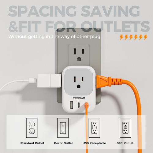Cargador De Pared Usb, Divisor De Salida Tessan Con Extensor