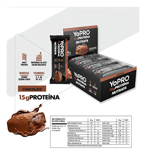 Barra De Proteina Yopro - Display 12 Unidades - Nutrata Sabor Chocolate