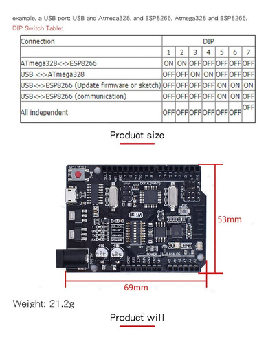 Placa Uno R3 + Wifi Atmega328p + Esp8266 (32mb)+ttl Ch340g