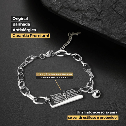 Pulseira Masculina Prata Aço Inoxidável + Pingente Pai Nosso