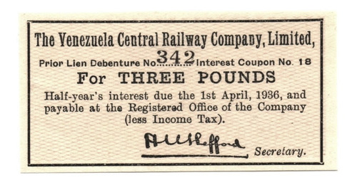 Venezuela Cupón De Bono Compañía Del Ferrocarril 1927