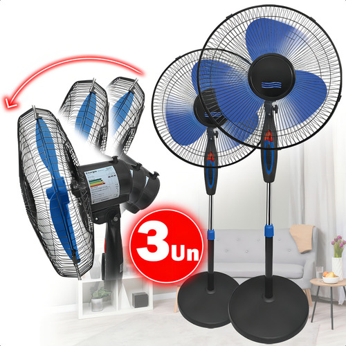 Ventilador Coluna 3 Pás Torre De Chão Silencioso 130cm 220v Pedestal 45w Cor Azul Kit Com 3