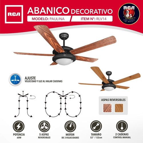 Ventilador Abanico Techo Paulina Rca 52  132cm 5 Aspas 