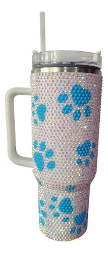 Vaso Térmico Brillo Strass Quencher 1200ml 1.2lts Acero Inox Celeste Huellas