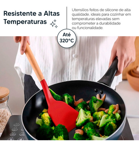 Kit 12 Utensílios Cozinha Silicone Cabo Madeira Resistente