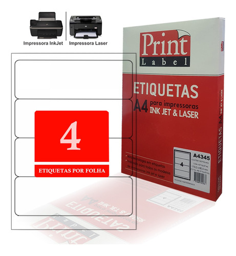 Etiquetas 4 Print Label 170,0 × 60,0 Papel A4 Adesiva Inkjet Cor Branco