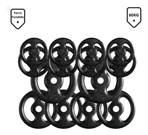 Kit Com 14 Anilhas De Ferro Fundido - 60 Kg