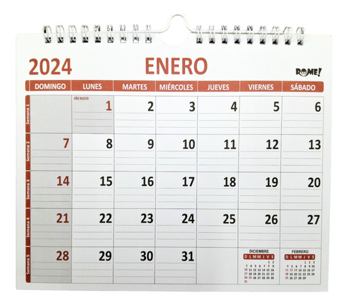 Imagen 1 de 4 de Rome Calendario Medio Of Apaisado Rojo Con Espiral - 2024