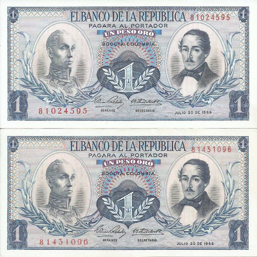 Colombia Dúo De Números Consecutivos, 1 Peso 20 Julio 1966