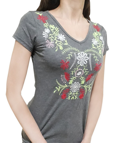 Blusa Manga Corta Bordado Flores 824