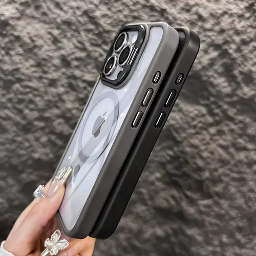 Funda Magnética Stand Para Iphone Serie 15 + Vidrio Y Lente. Gris Oscuro Iphone 15 Pro
