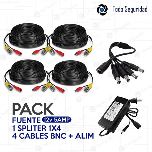 Imagen 3 de 7 de Fuente 12v 5a 5amp + Splitter 1x4 + 4 Cables Video Bnc 20mts Cctv Seguridad Camara