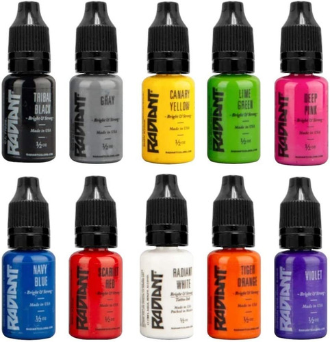 Juego Set 10 Tintas Profesionales Tatuar Radiant 1/2oz Ink