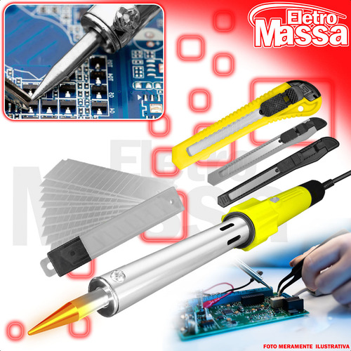 Ferro De Solda Com Suporte 100w Lápis 220v Ponta Fina E Kit Estilete Com Trava 10 Lamina