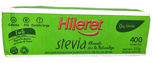 Imagen 1 de 10 de Edulcorante Hileret Stevia Natural Caja 400 Sobres 0 Caloria