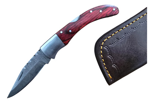 Navaja Plegable Para Camping Hecho A Mano Acero Damasco A35 Rojo