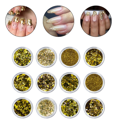 Kit 12 Glitter Dourado Decoração Unhas Encapsulada Gel Fibra