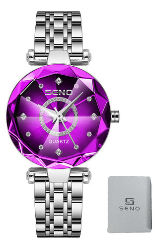 Reloj pulsera Seno S042-1 de cuerpo color plateado, analógico, para mujer, fondo plateado y púrpura, con correa de acero inoxidable color y hebilla doble