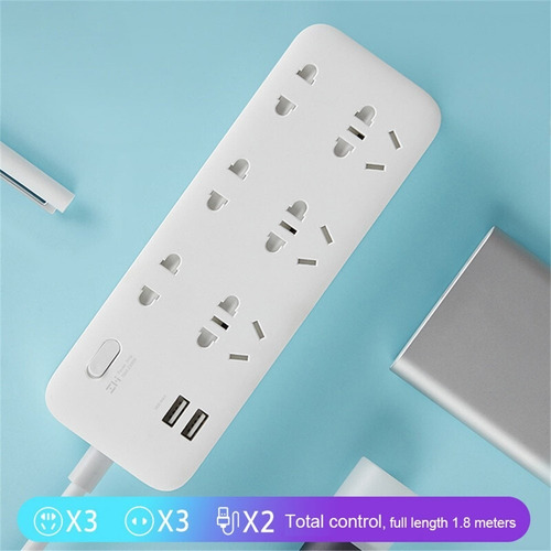 Imagen 1 de 6 de Xiaomi Zmi 18w Power Strip 1.8m 6 Ac Sockets 2 Usb Smart Bla