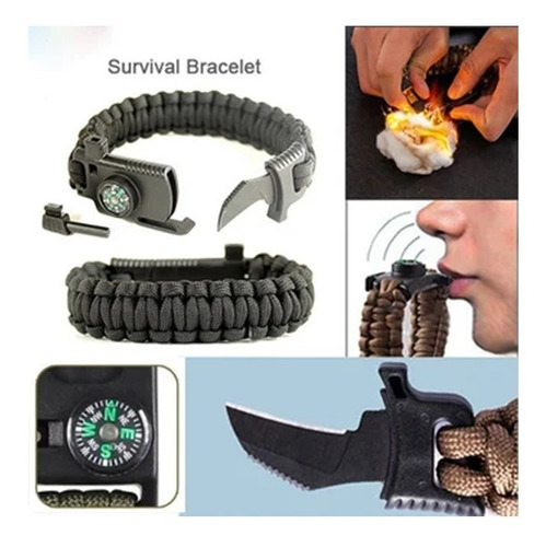 Pulsera Navaja Silbato Pedernal Paracord Survival Camping Color Negro