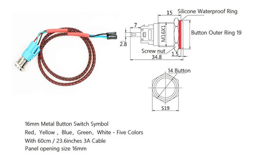 Imagen 3 de 7 de Noyito Interruptor De Chasis De 16 Mm 19 Mm Interruptor De B