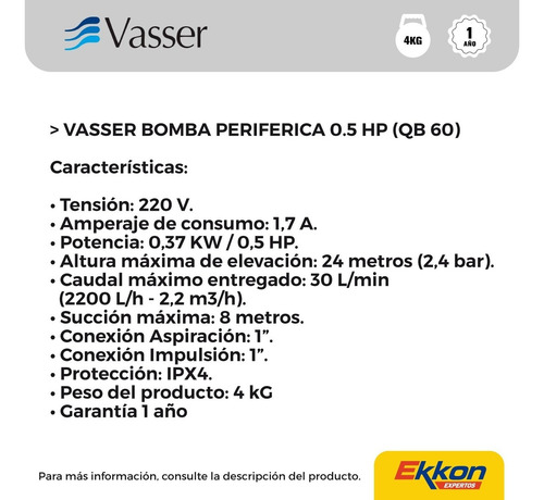 Imagen 2 de 7 de Bomba Periférica Vasser 0.5 Hp 30 L/m