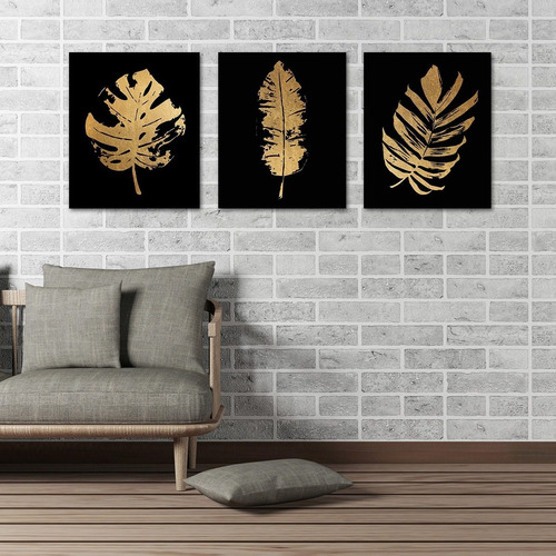 Triptico Hojas Doradas Con Marco 140x100 Cuadros Decorativos No Aplica Dorado Oscuro