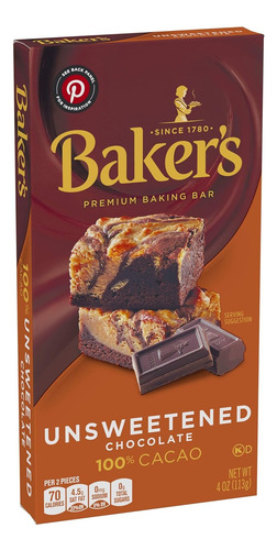 Bakers Premium Bar Baking Unsweet Chocolate 113g Importado