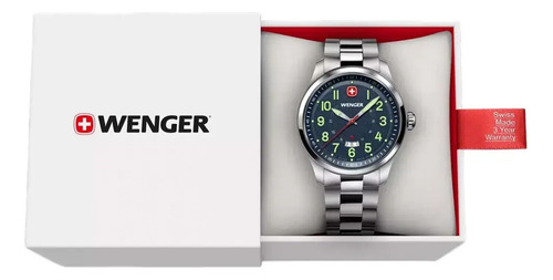 Reloj Wenger Hombre Terragraph 010541123 Correa Plateado Bisel Plateado Fondo Azul Oscuro