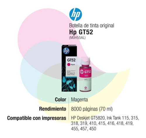 Imagen 2 de 6 de Tinta Hp Gt52 Magenta Original M0h55al Deskjet 5820 410 415