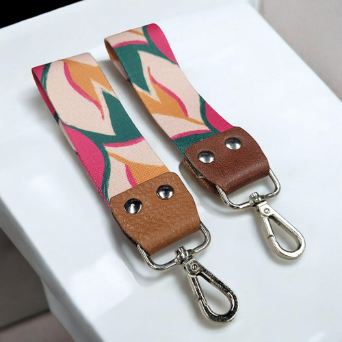Llavero De Mujer Cinturon O Auto Cuero Y Cinta Mosquetón Fucsia-verde-naranja