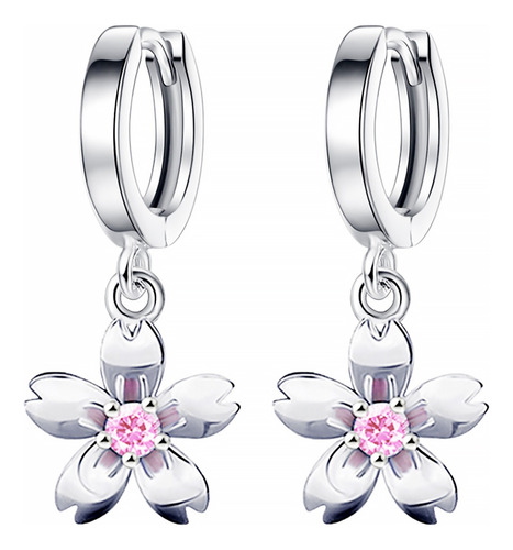 Aros De Flor Rosada Plata 925 Moda Flores Mujer Colgante