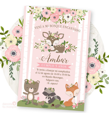 Kit Imprimible Animales Del Bosque Ciervita Cumpleaños Rosa 
