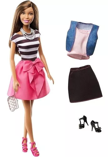 Boneca Barbie Negra Morena Roupa Conjunto Sapato Bolsa Top