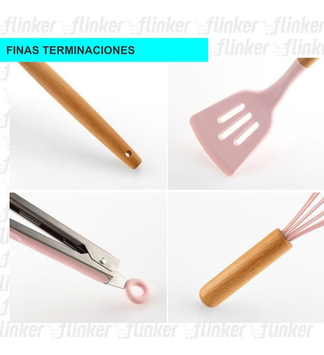 Imagen 7 de 10 de Kit X12 Utensillos Cocina Set Premium Silicona Y Madera