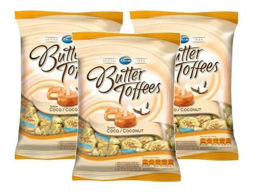 Kit 3 Bala Arcor Butter Toffees Sabor Coco 500g