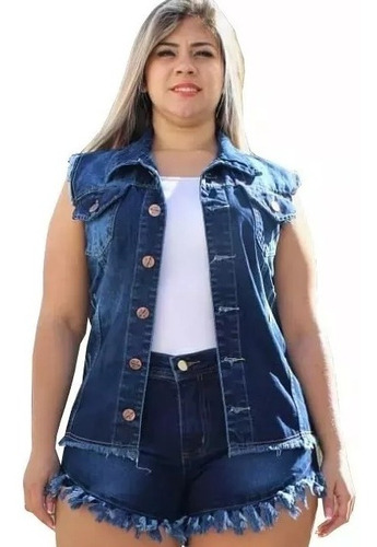 Imagem 1 de 3 de Conjunto Short Desfiado  E Colete Feminino Jeans Plus Size 