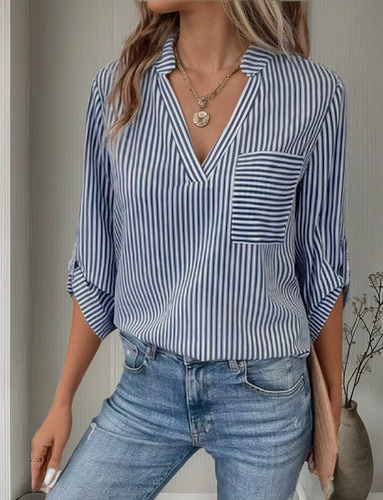 Camisa De Manga Larga A Rayas Con Cuello En V Para Mujer