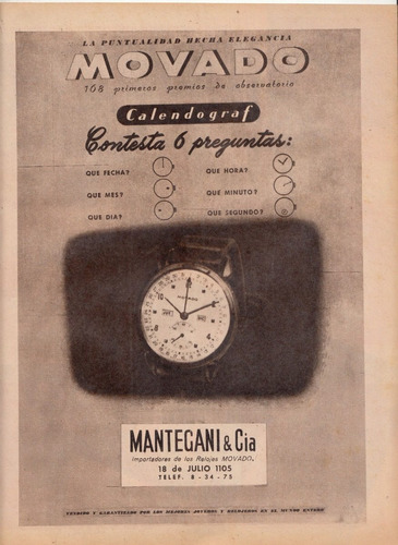 1949 Hoja Publicidad Reloj Movado Calendograf Uruguay Raro 