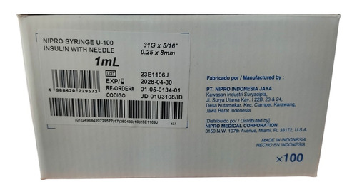 Jeringa Insulina 1 Ml 31g X 5/16 - 100 Unidades Nipro V/a