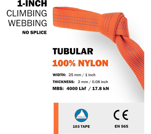 Gm Climbing Cinta Tubular De Nailon De 1 Pulgada Con Certifi