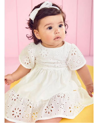 Vestido Bebê Laise Com Calcinha Branco Aplicação Momi