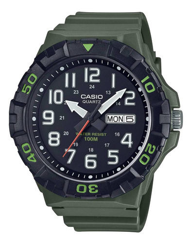 Reloj de pulsera Casio MRW-210H de cuerpo color verde, para hombre, fondo negro, con correa de resina color verde, agujas color gris y negro, blanco y rojo, dial blanco y gris, minutero/segundero gris, bisel color negro